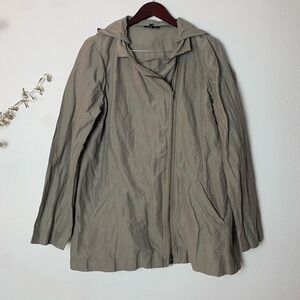 EILEEN FISHER Army Green Lightweight Hooded Jacket XL Removable Hood Zip up